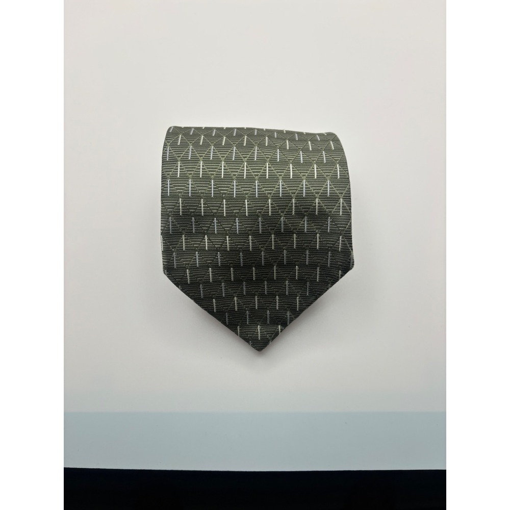 George Machado Mens Silk Necktie Olive Green Geometric Diamond Pattern Tie